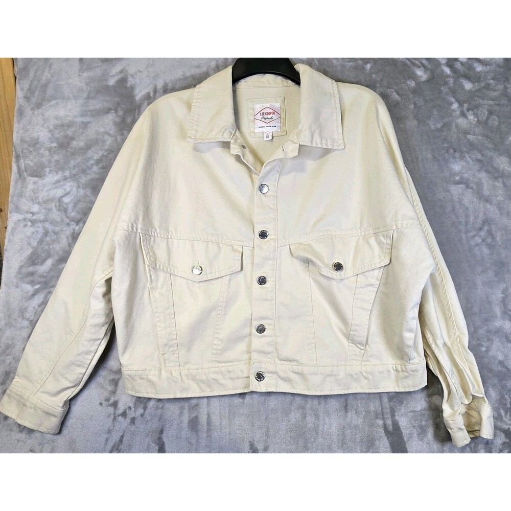 Lee Cooper Originals Denim Jean Trucker Jacket L Ivory Cream Pockets Cowgirl